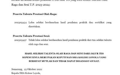 Pengumuman Hasil Seleksi Talenta Olahraga Dan Seni Dari Jalur Tes PPDB T.P. 2023-2024