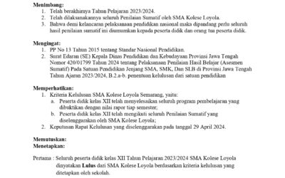 Pengumuman Kelulusan SMA Kolese Loyola Tahun Ajaran 2023 / 2024